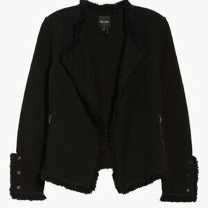 Nic+Zoe Jacket Black Textured Open Front Fringe Trim & Snap Cuff Detail Size XS